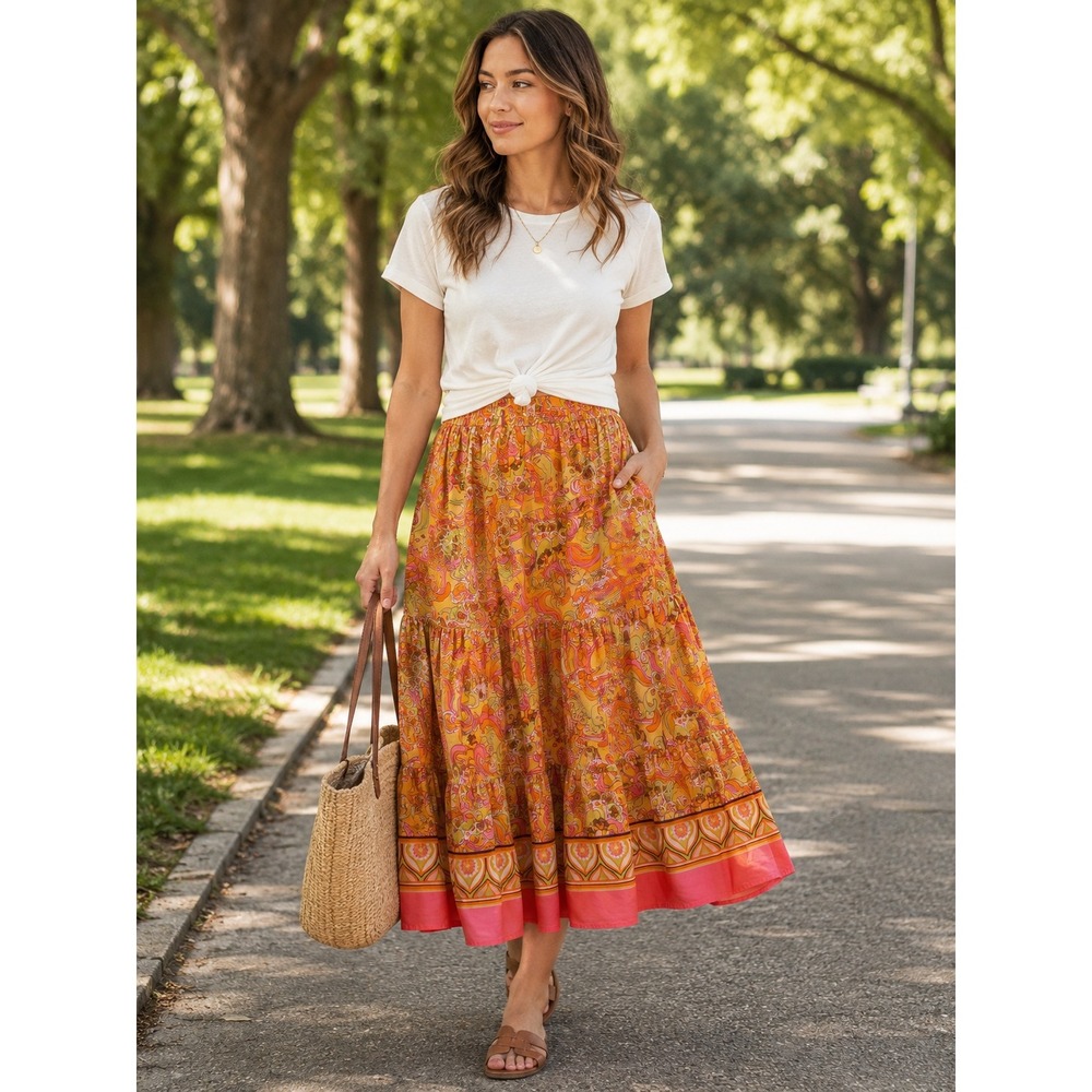 Ivy Jane Womens Orange Paisley Tiered Cotton Maxi Skirt Pockets 70's retro Small